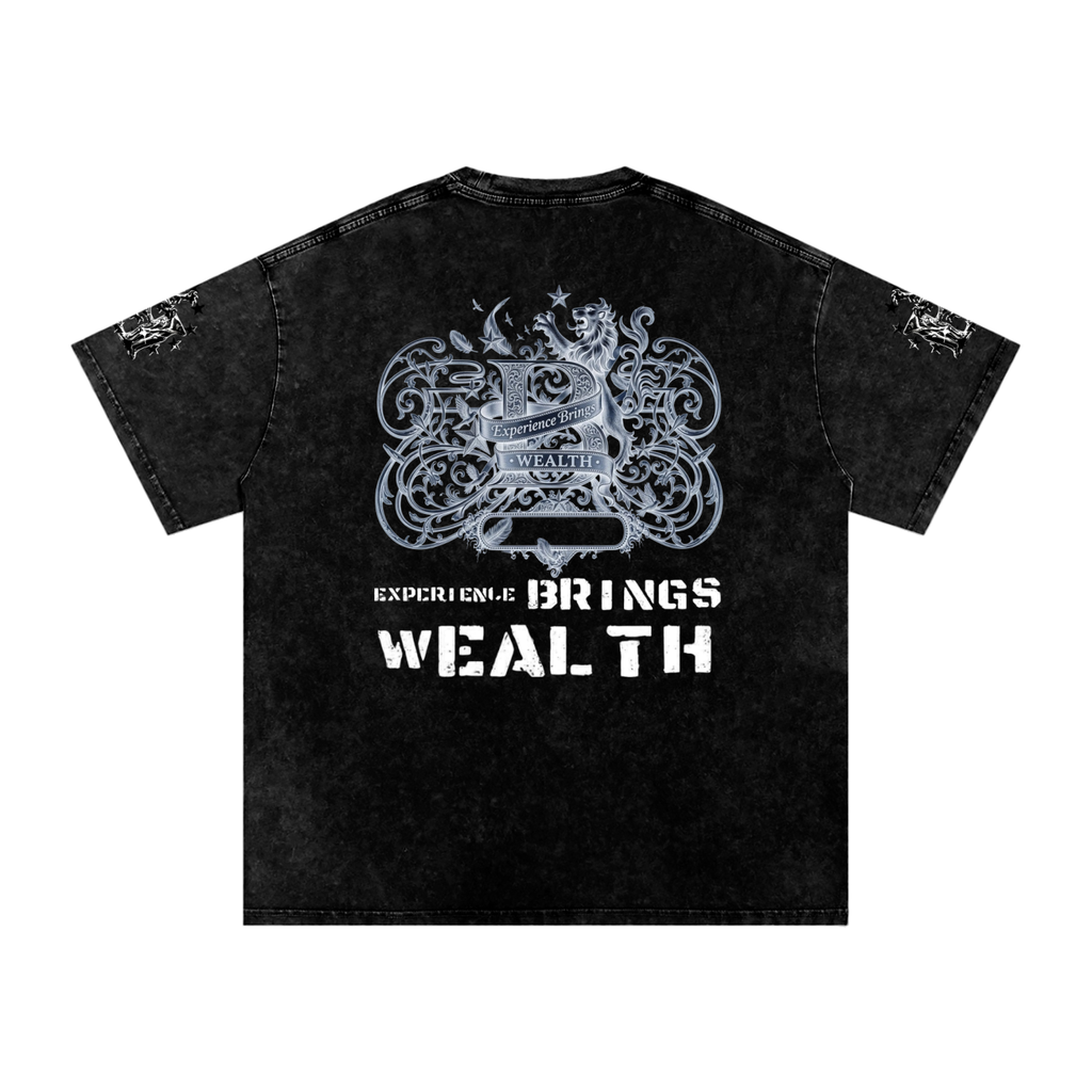 Bomura "Experience Brings Wealth" Lion Crest Snow Wash Oversized Tee