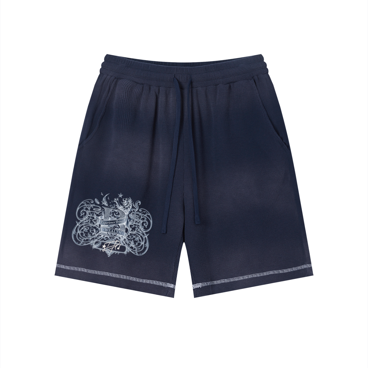 Bomura "Experience Brings Wealth" Lion Crest Contrast Stitch Sunfade Waffle Shorts