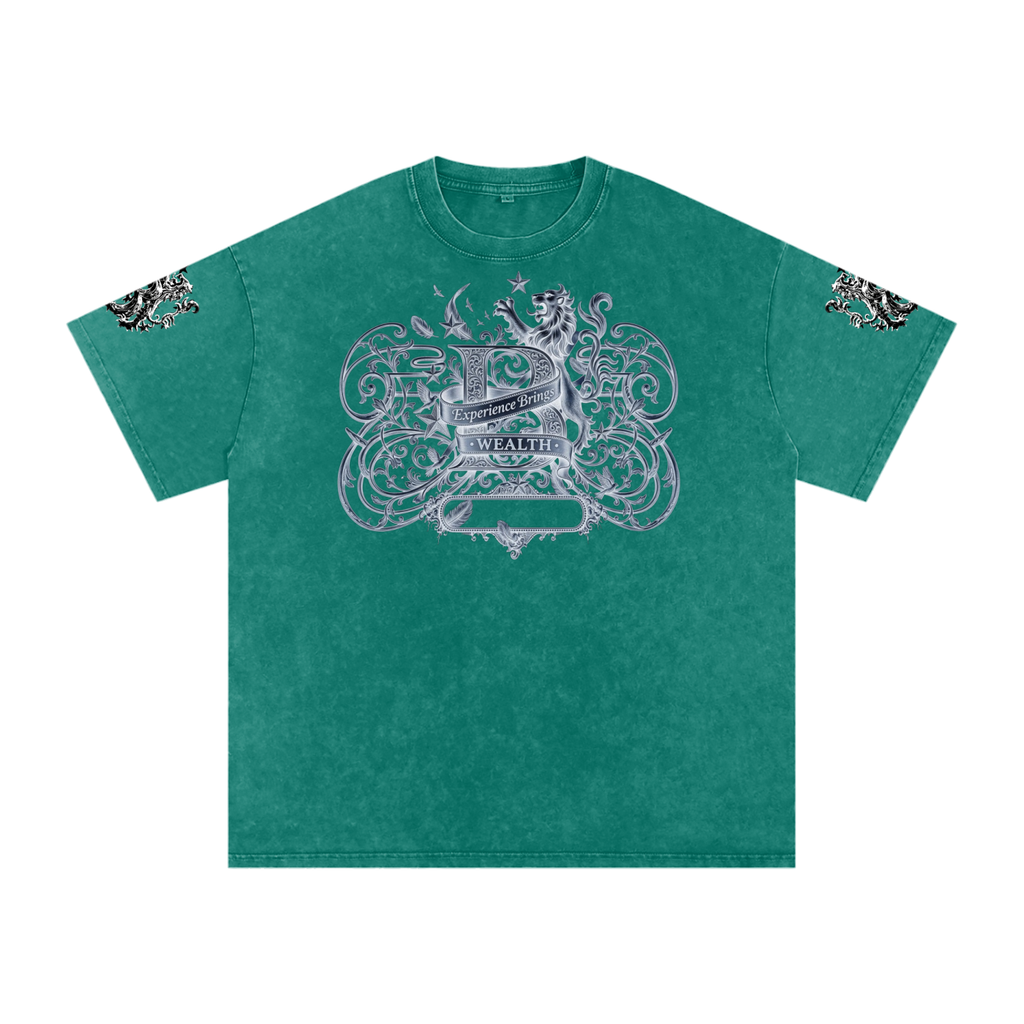 Bomura "Experience Brings Wealth" Lion Crest Snow Wash Oversized Tee