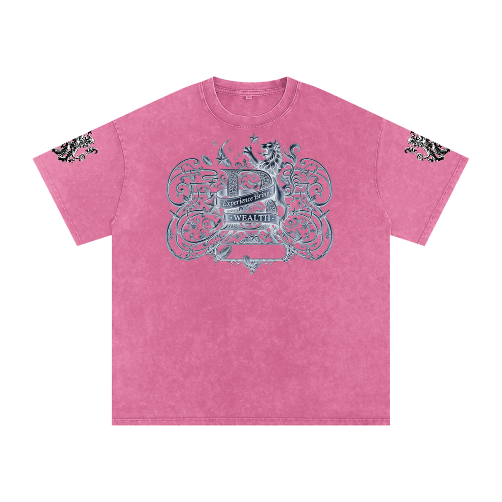 Bomura "Experience Brings Wealth" Lion Crest Snow Wash Oversized Tee