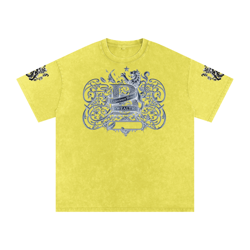 Bomura "Experience Brings Wealth" Lion Crest Snow Wash Oversized Tee