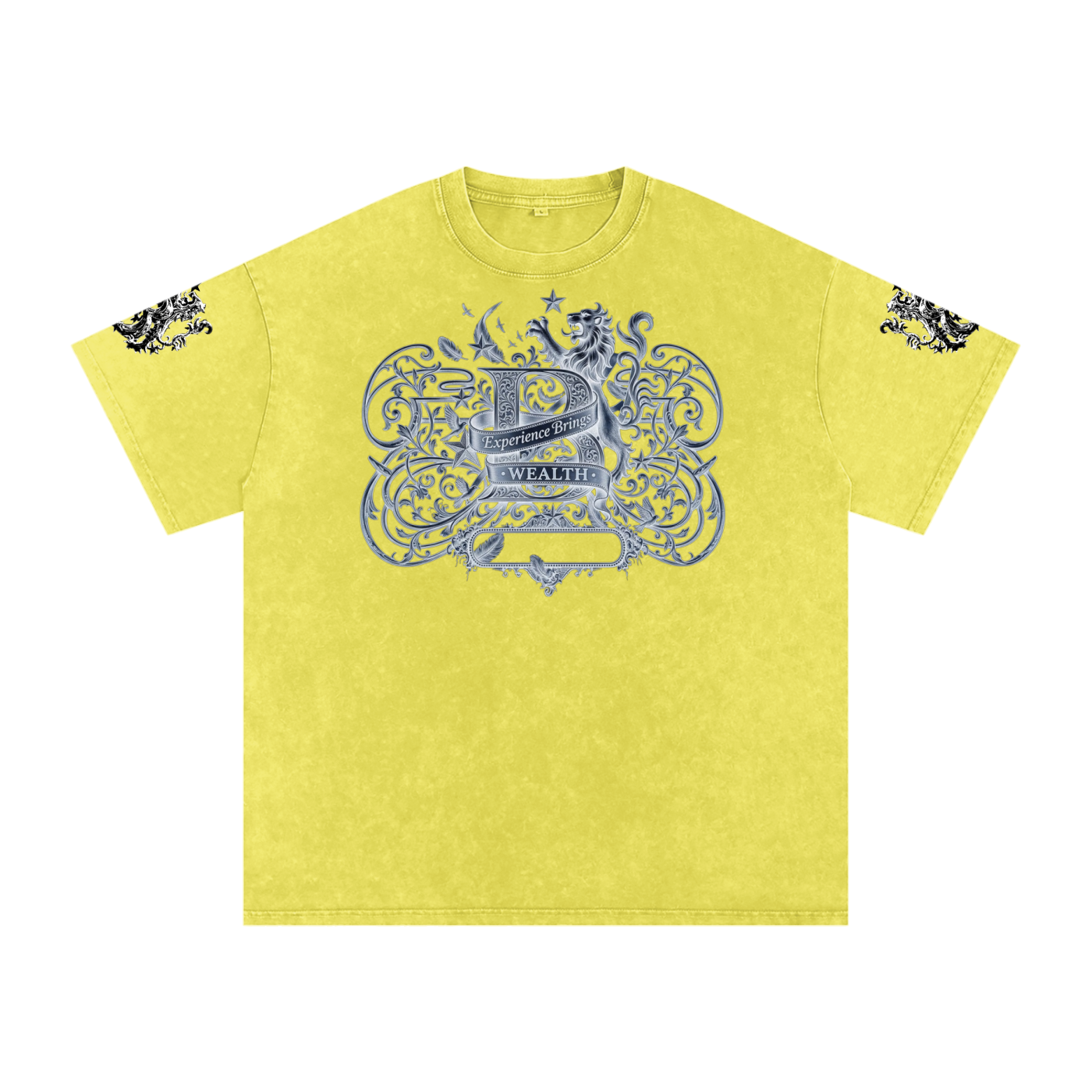 Bomura "Experience Brings Wealth" Lion Crest Snow Wash Oversized Tee