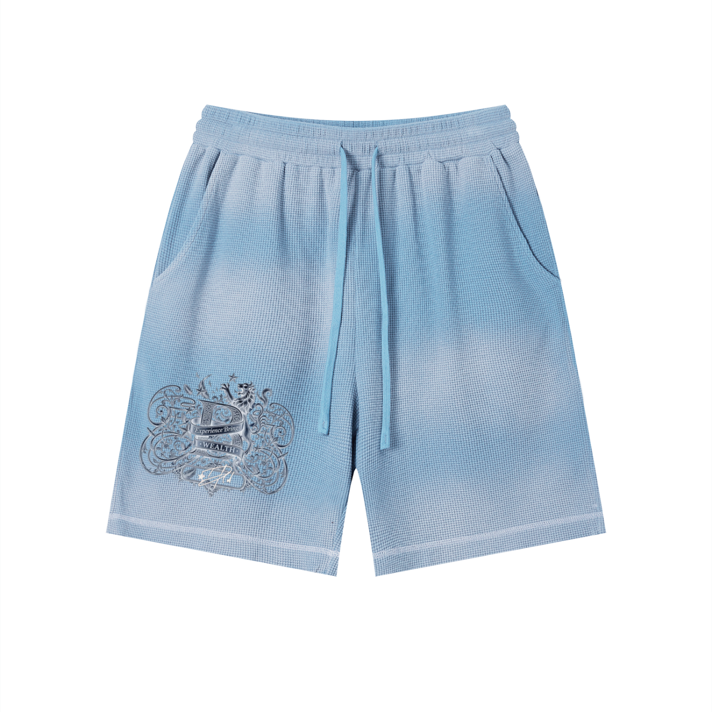 Bomura "Experience Brings Wealth" Lion Crest Contrast Stitch Sunfade Waffle Shorts