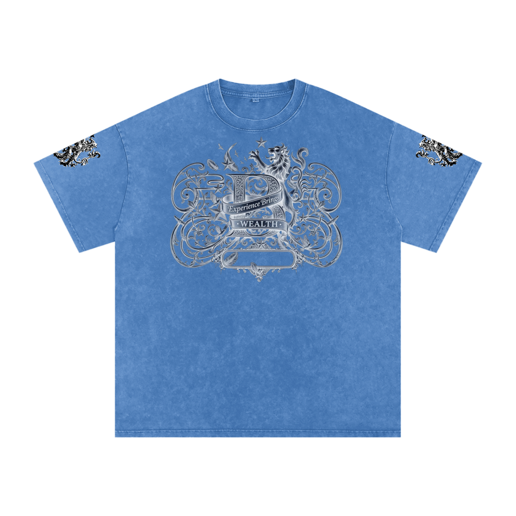 Bomura "Experience Brings Wealth" Lion Crest Snow Wash Oversized Tee