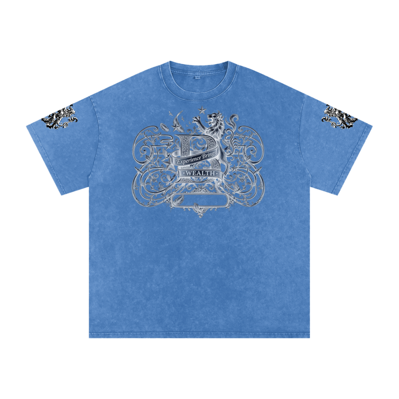 Bomura "Experience Brings Wealth" Lion Crest Snow Wash Oversized Tee
