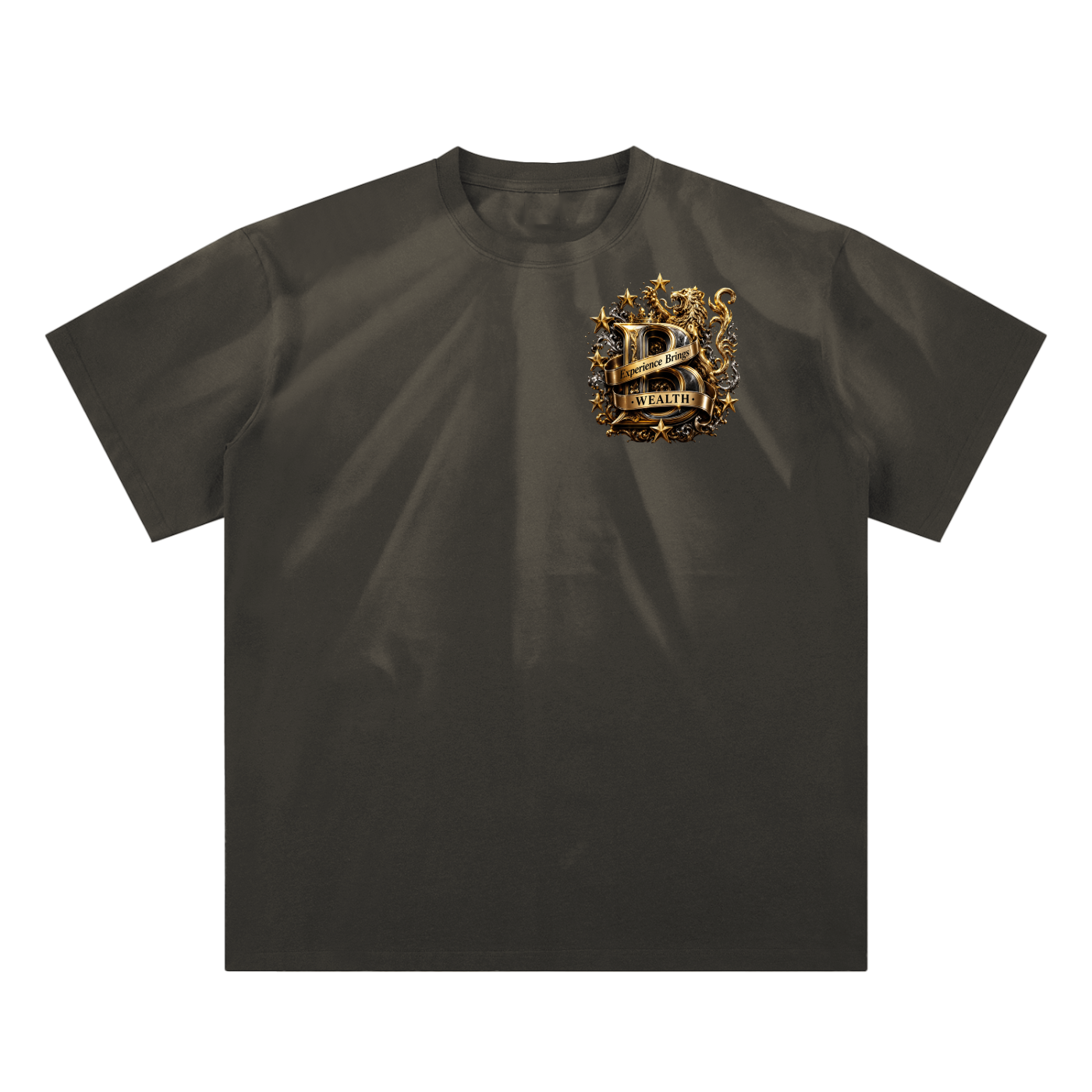 Bomura "Experience Brings Wealth" Gold B Crest Hand-Scrunched Sunfade Tee