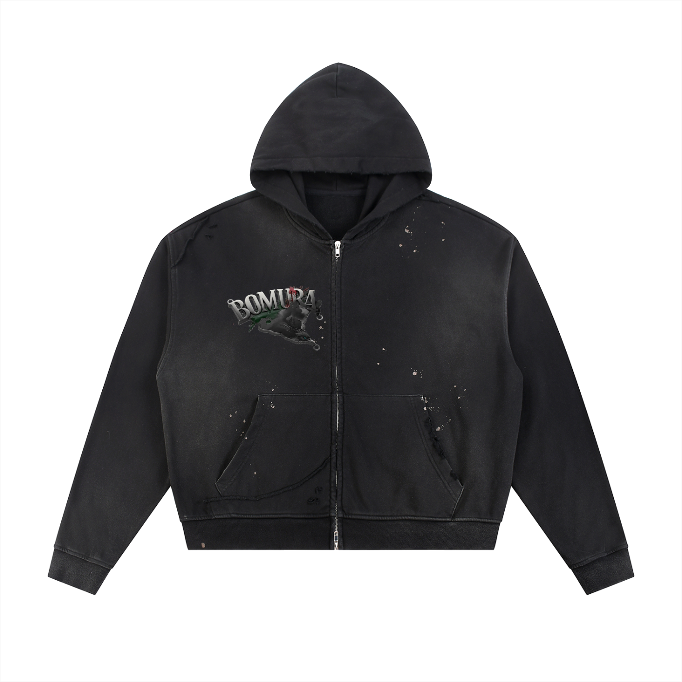 BOMURA Crow Sigil Metal Piece Oversized Zip Hoodie