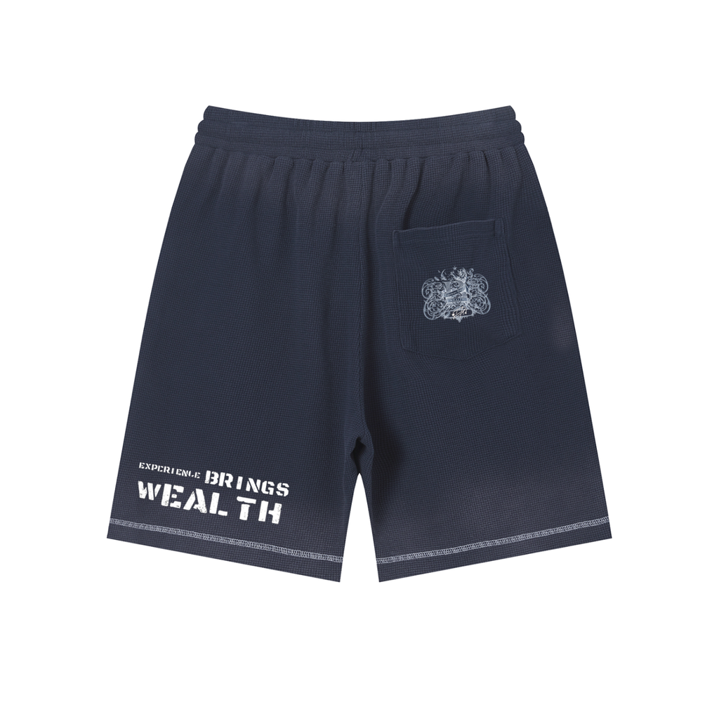 Bomura "Experience Brings Wealth" Lion Crest Contrast Stitch Sunfade Waffle Shorts