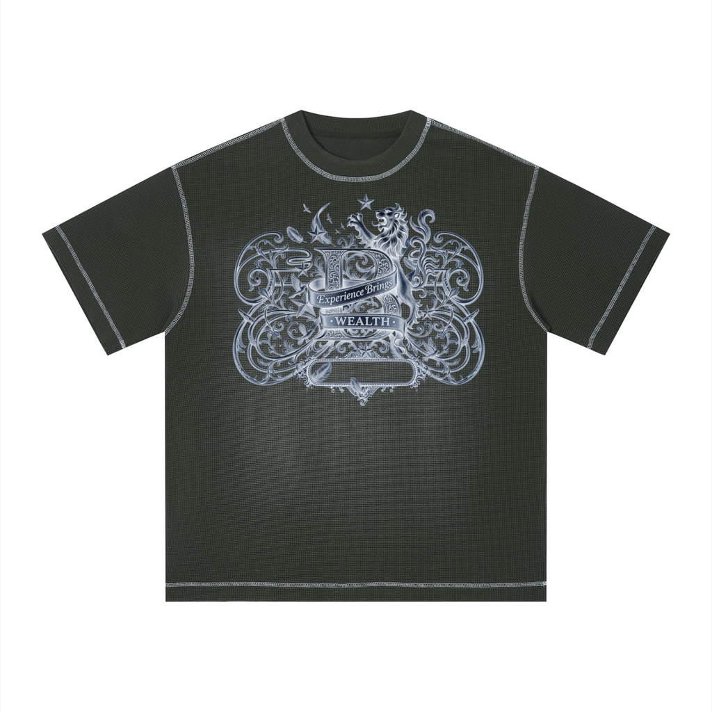 Bomura "Experience Brings Wealth" Lion Crest Contrast Stitch Sunfade Waffle Tee
