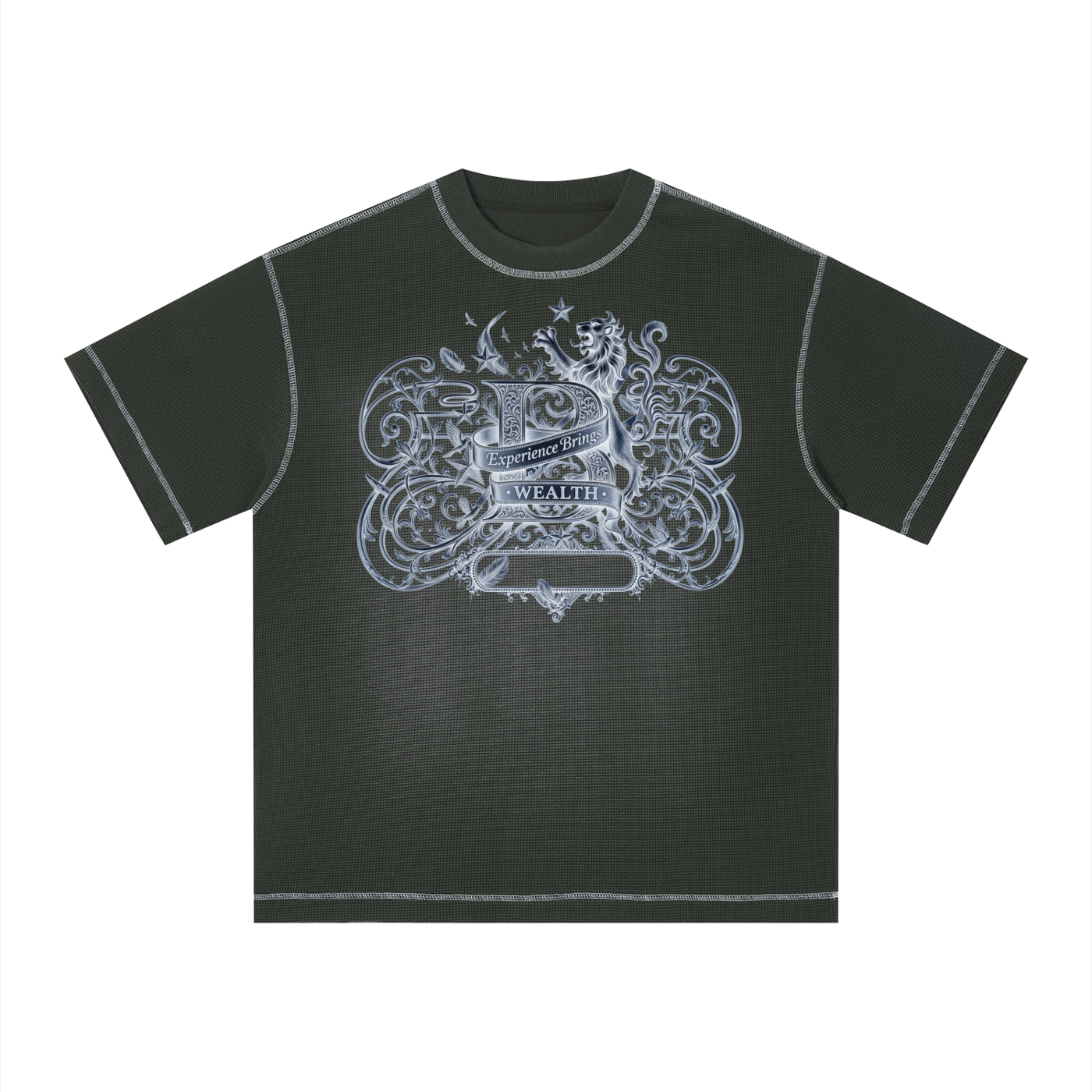 Bomura "Experience Brings Wealth" Lion Crest Contrast Stitch Sunfade Waffle Tee