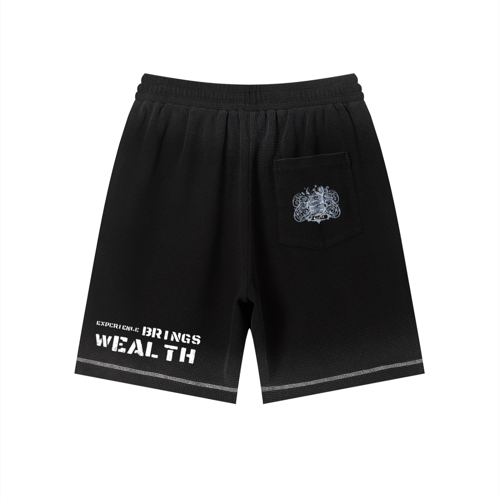 Bomura "Experience Brings Wealth" Lion Crest Contrast Stitch Sunfade Waffle Shorts