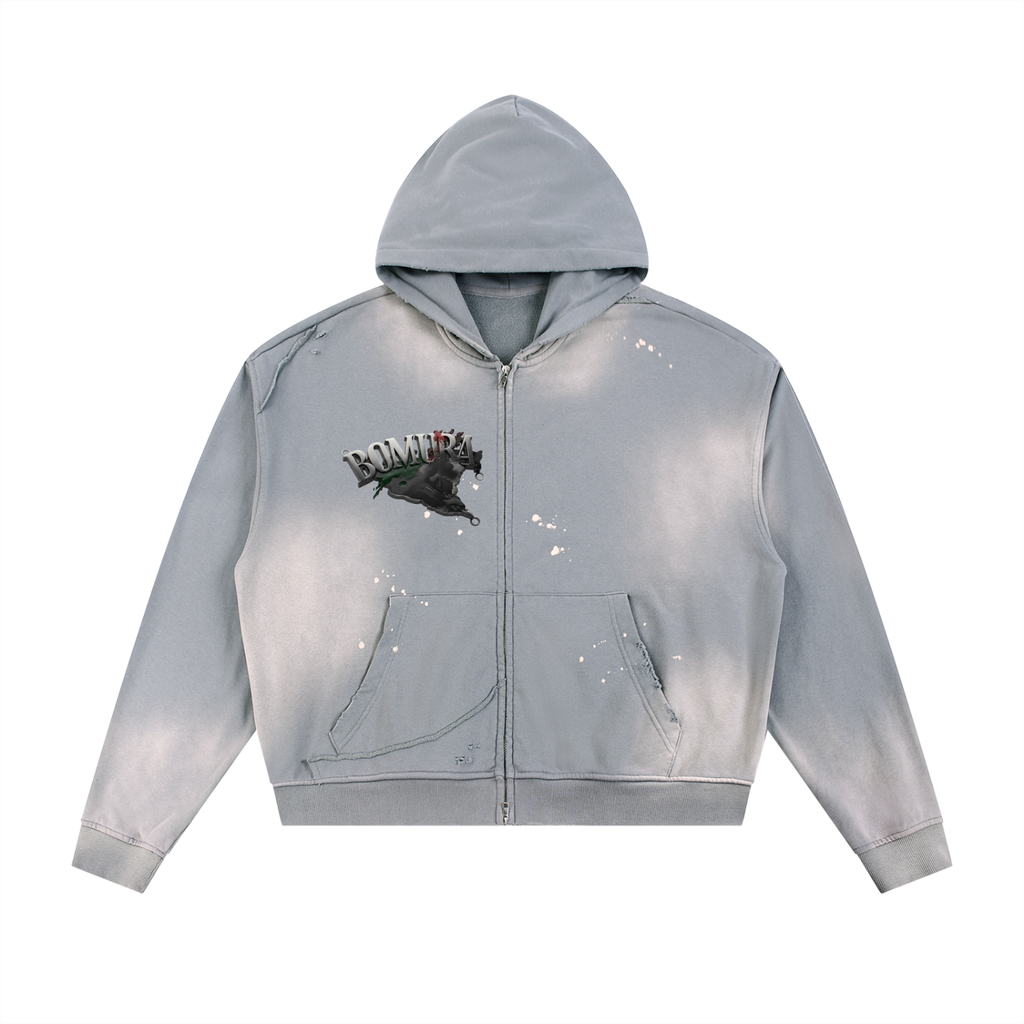 BOMURA Crow Sigil Metal Piece Oversized Zip Hoodie
