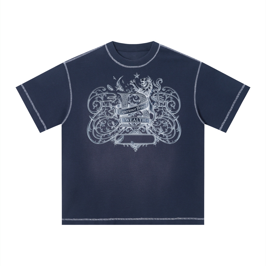 Bomura "Experience Brings Wealth" Lion Crest Contrast Stitch Sunfade Waffle Tee