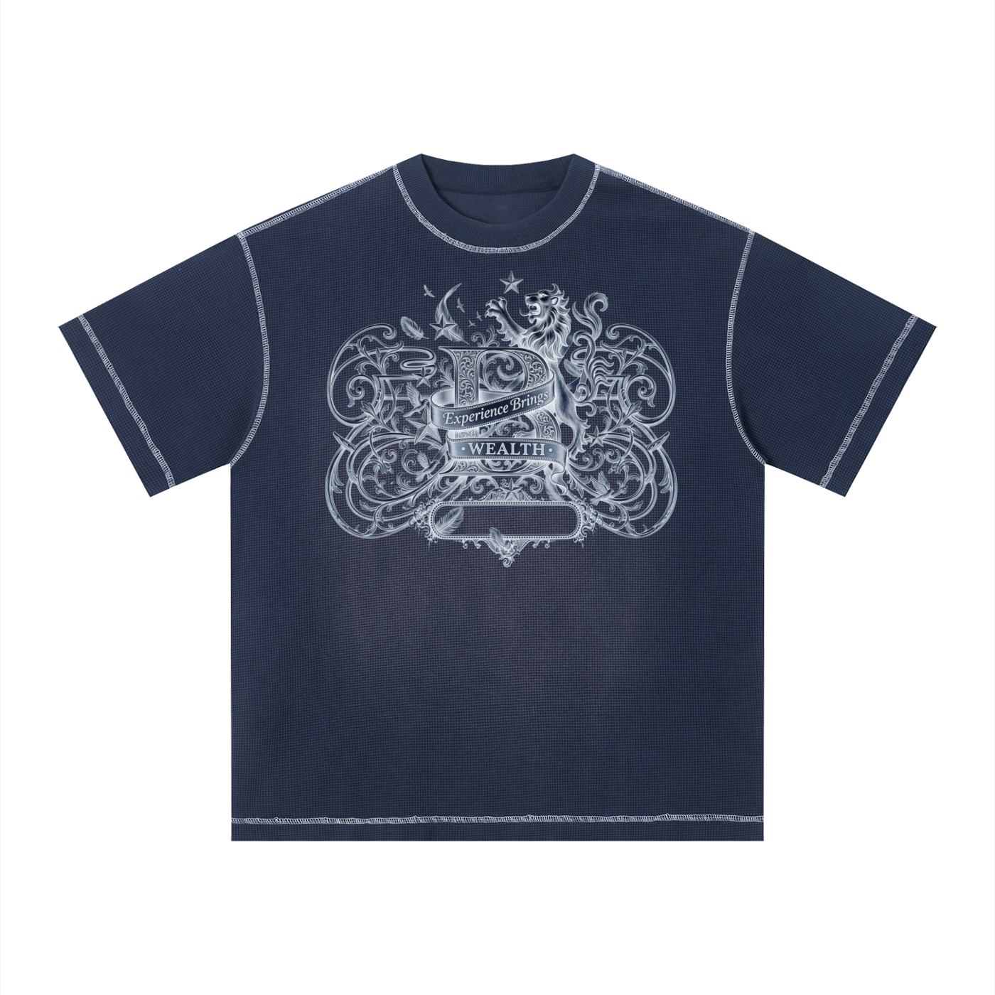Bomura "Experience Brings Wealth" Lion Crest Contrast Stitch Sunfade Waffle Tee