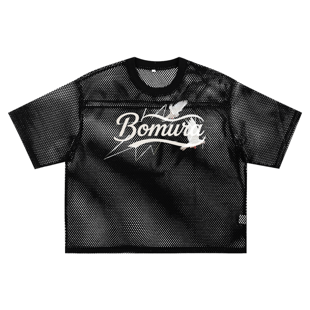 Bomura "Wear the Best Quality" Eagle Script See-Through Mesh Boxy Tee