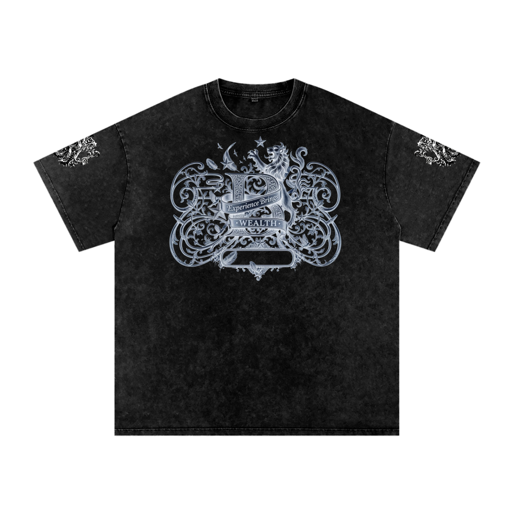 Bomura "Experience Brings Wealth" Lion Crest Snow Wash Oversized Tee