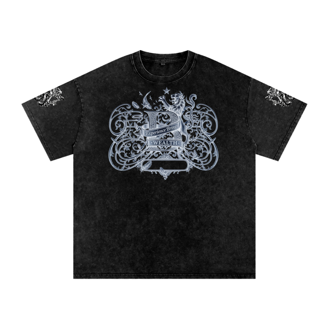 Bomura "Experience Brings Wealth" Lion Crest Snow Wash Oversized Tee
