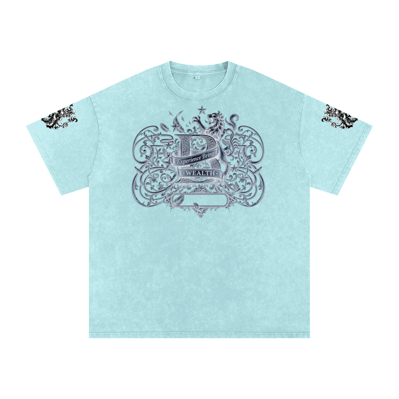 Bomura "Experience Brings Wealth" Lion Crest Snow Wash Oversized Tee