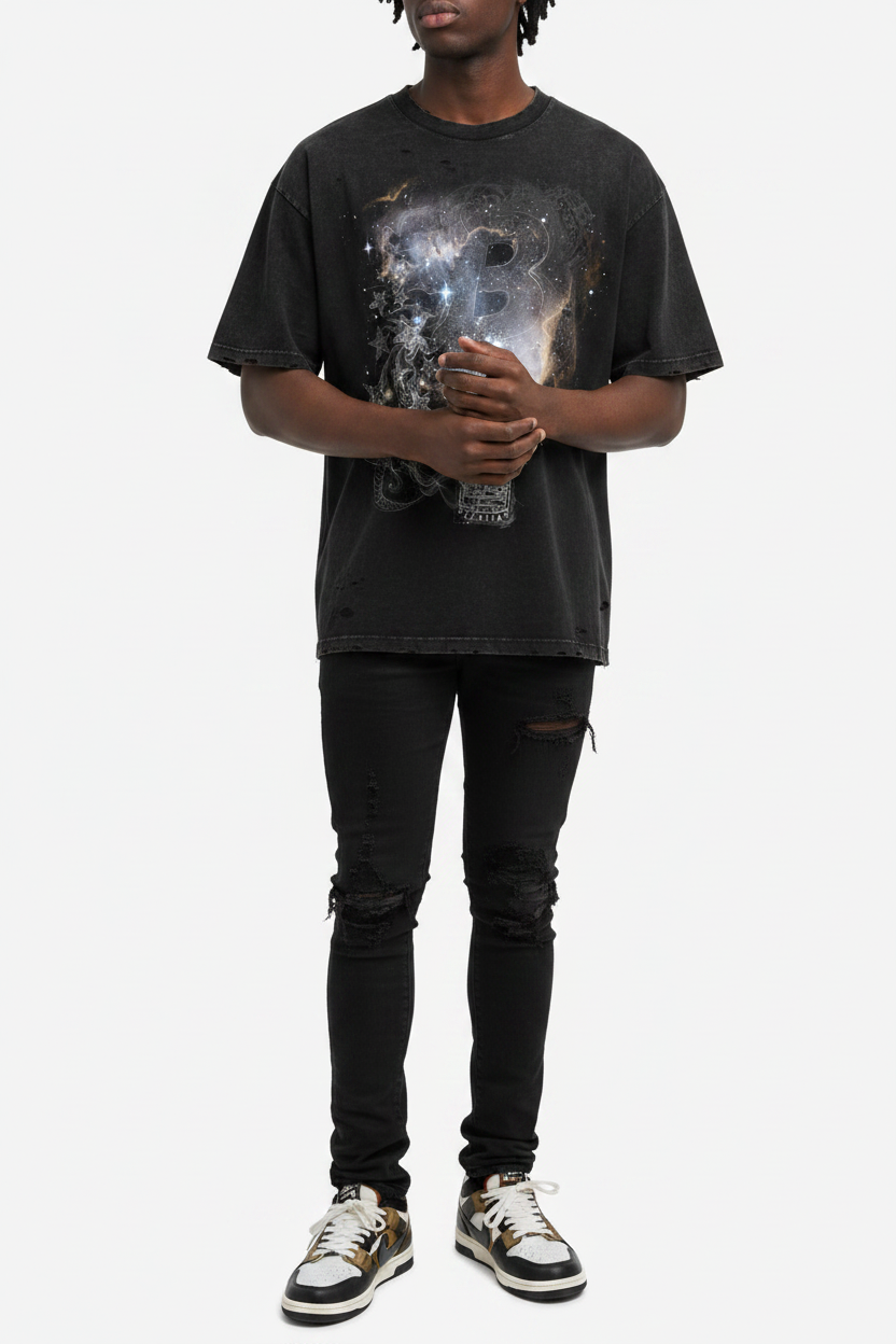Bomura Celestial Wealth Crest Distressed Tee - Model Shot