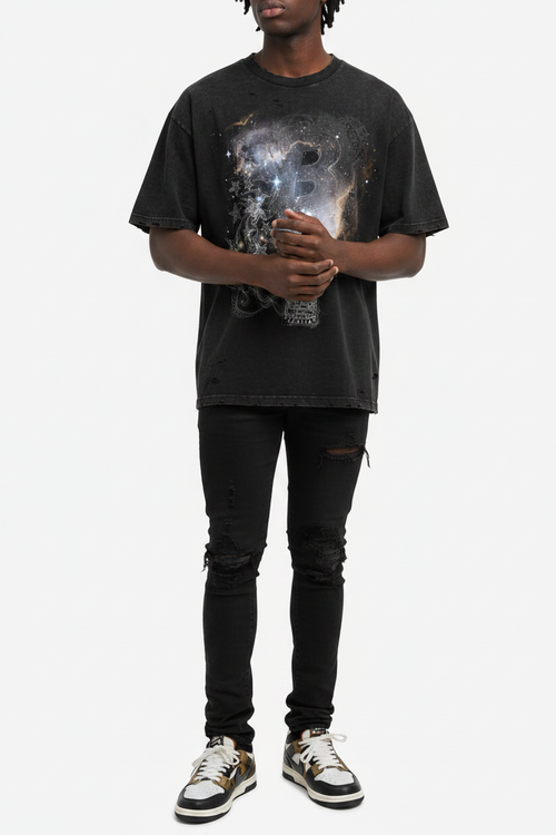 Bomura Celestial Wealth Crest Distressed Tee - Model Shot