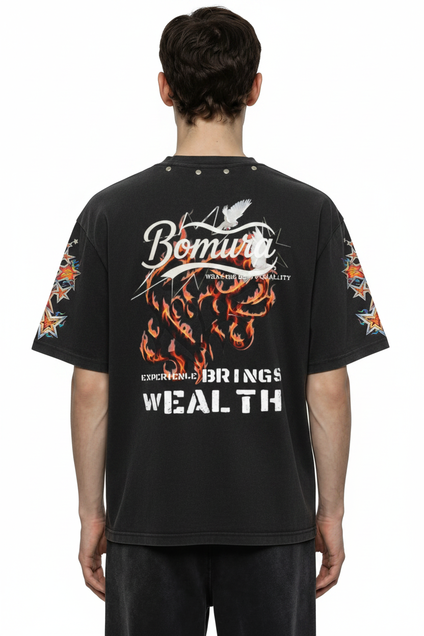 Bomura "EBW Flame" Studded Washed Tee — Back Model Shot