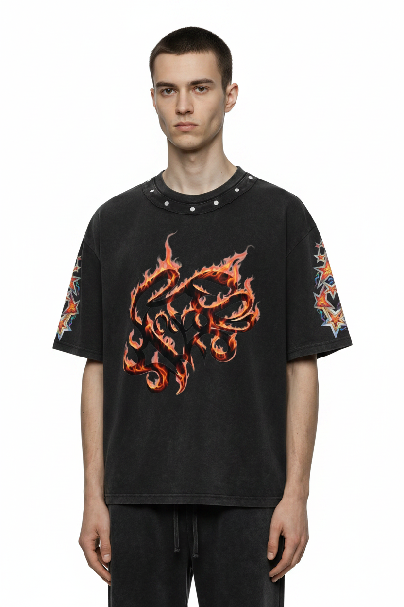 Bomura "EBW Flame" Studded Washed Tee — Model Shot