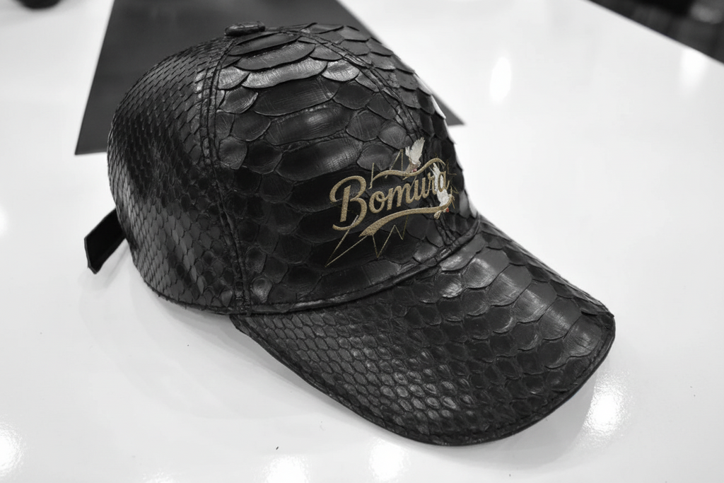 Bomura Collection '26 — Black Genuine Python Leather Embossed Baseball Cap