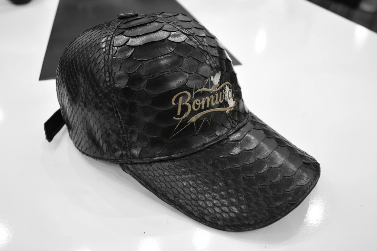 Bomura Collection '26 — Black Genuine Python Leather Embossed Baseball Cap