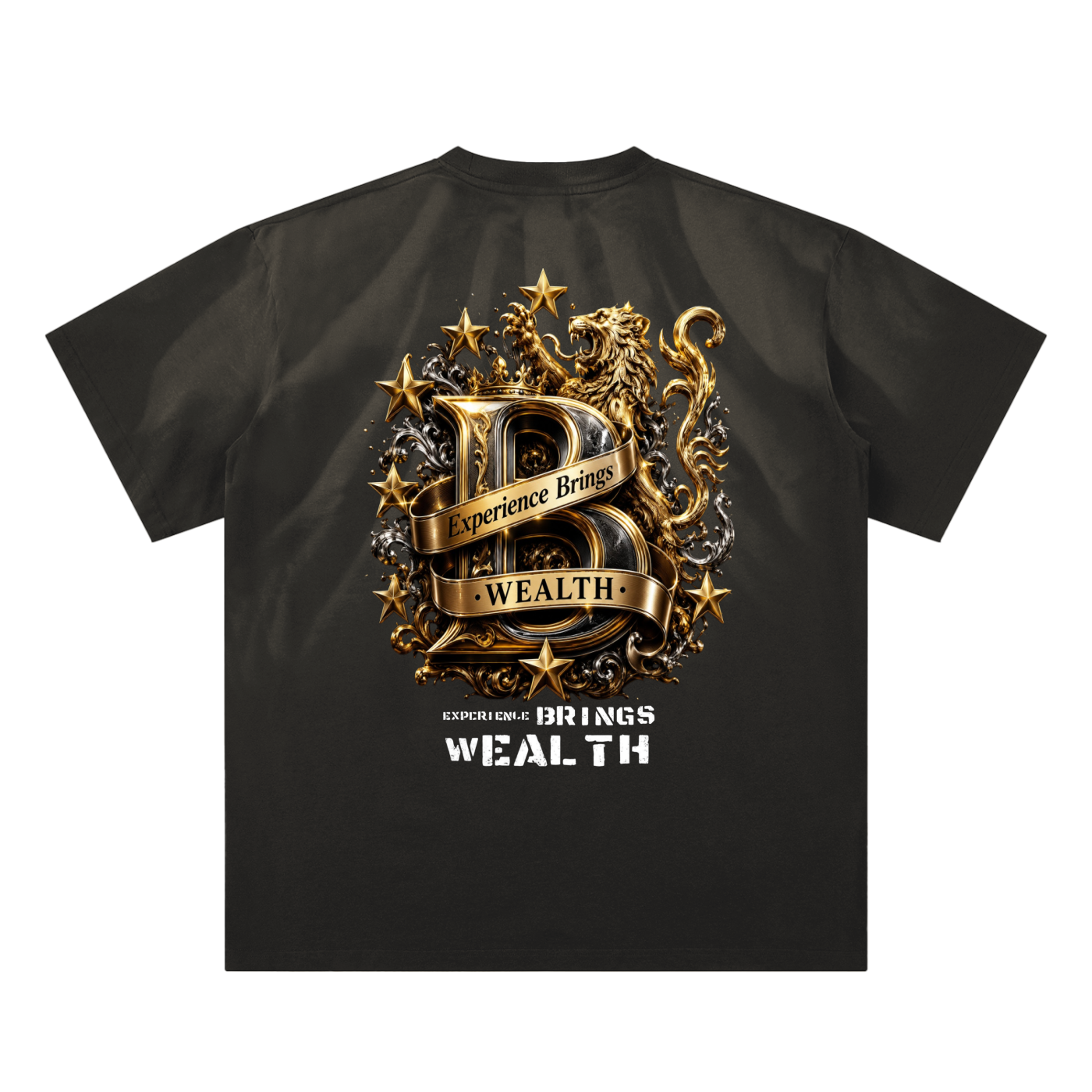 Bomura "Experience Brings Wealth" Gold B Crest Hand-Scrunched Sunfade Tee