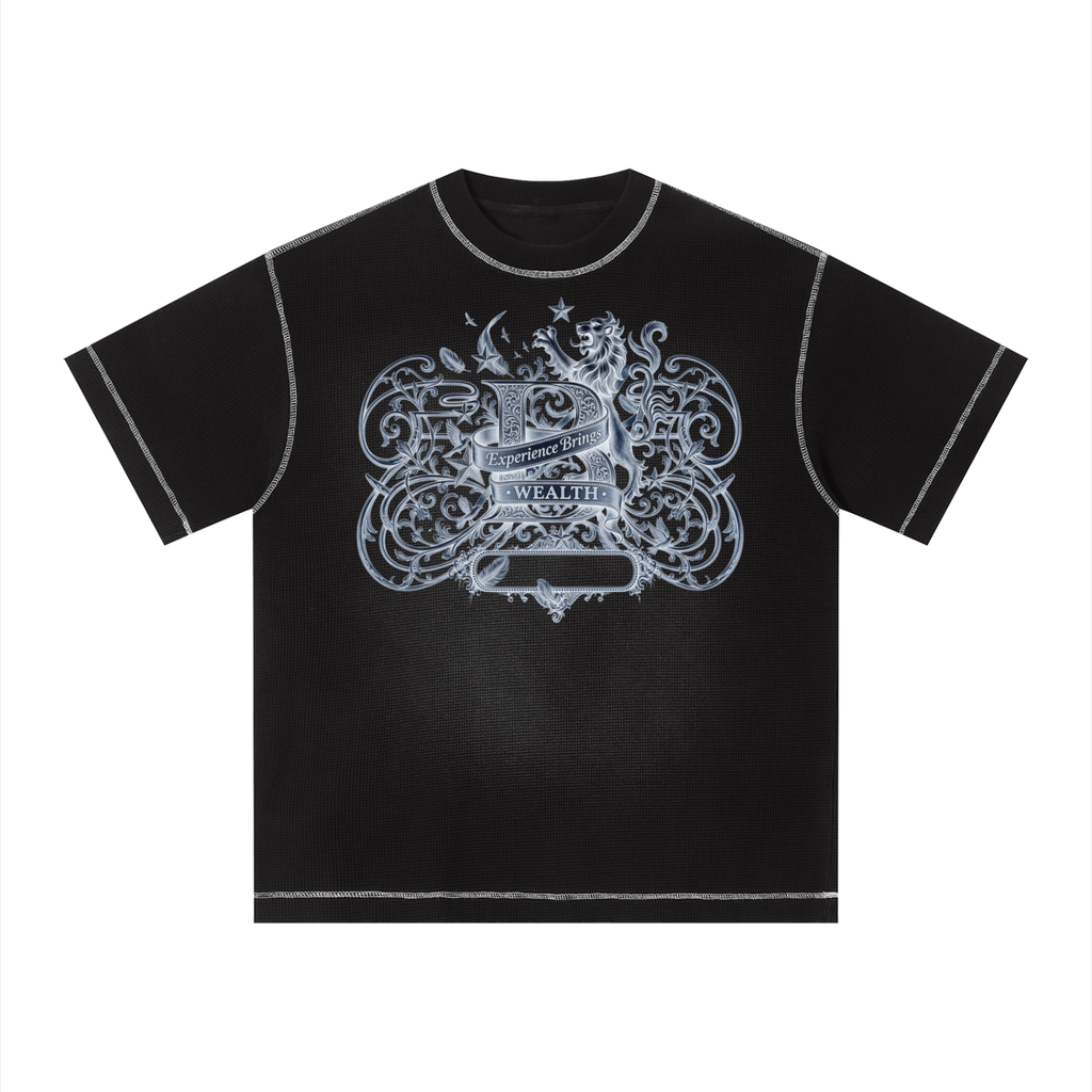 Bomura "Experience Brings Wealth" Lion Crest Contrast Stitch Sunfade Waffle Tee