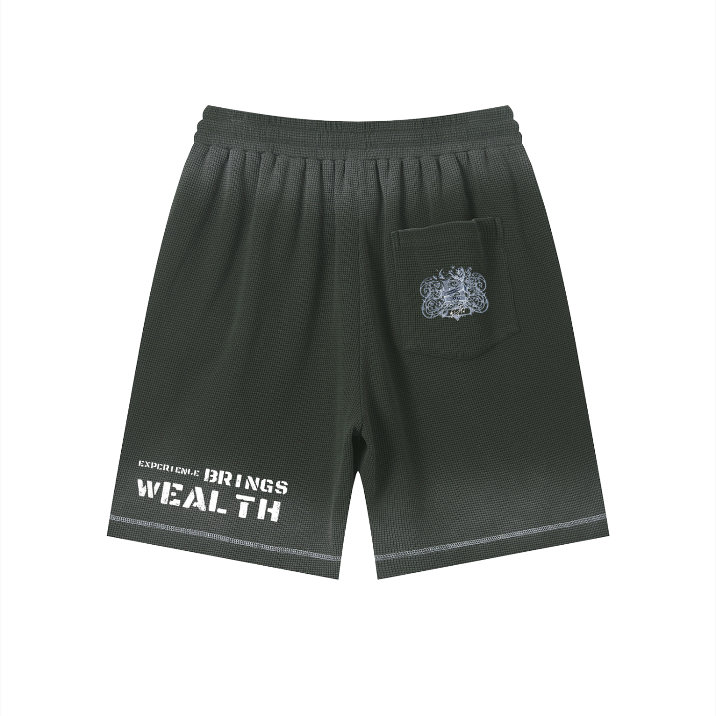 Bomura "Experience Brings Wealth" Lion Crest Contrast Stitch Sunfade Waffle Shorts