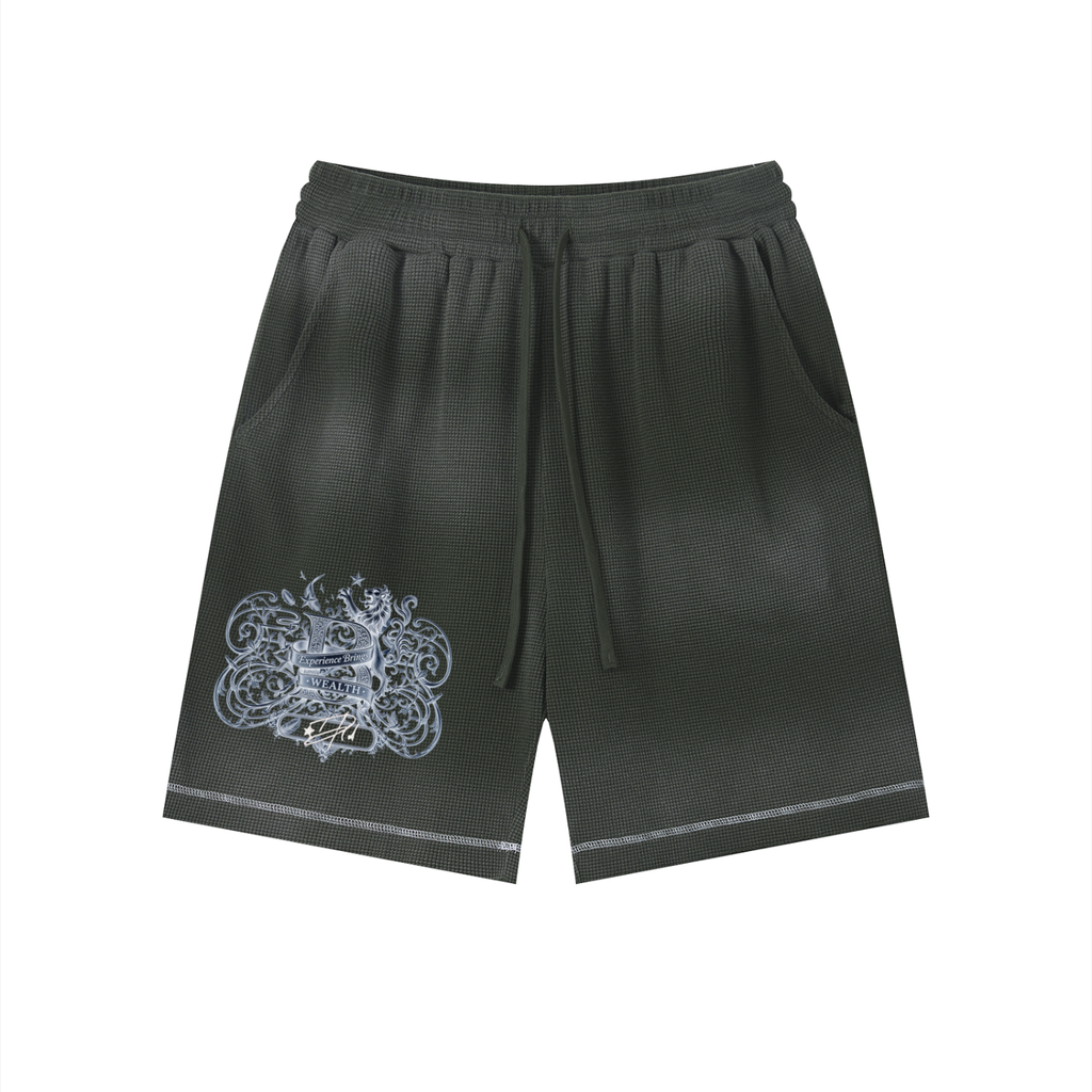 Bomura "Experience Brings Wealth" Lion Crest Contrast Stitch Sunfade Waffle Shorts