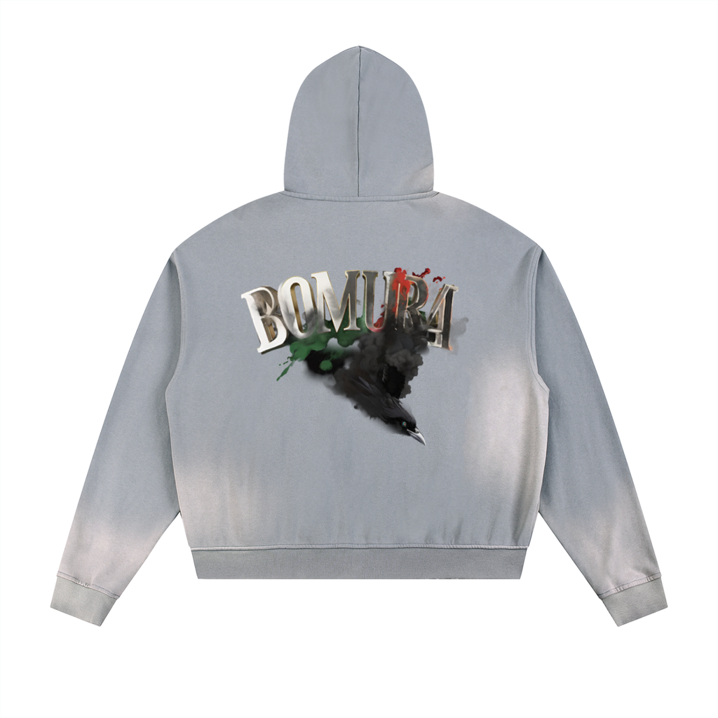 BOMURA Crow Sigil Metal Piece Oversized Zip Hoodie