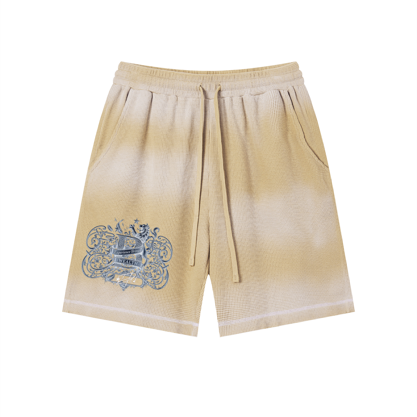 Bomura "Experience Brings Wealth" Lion Crest Contrast Stitch Sunfade Waffle Shorts