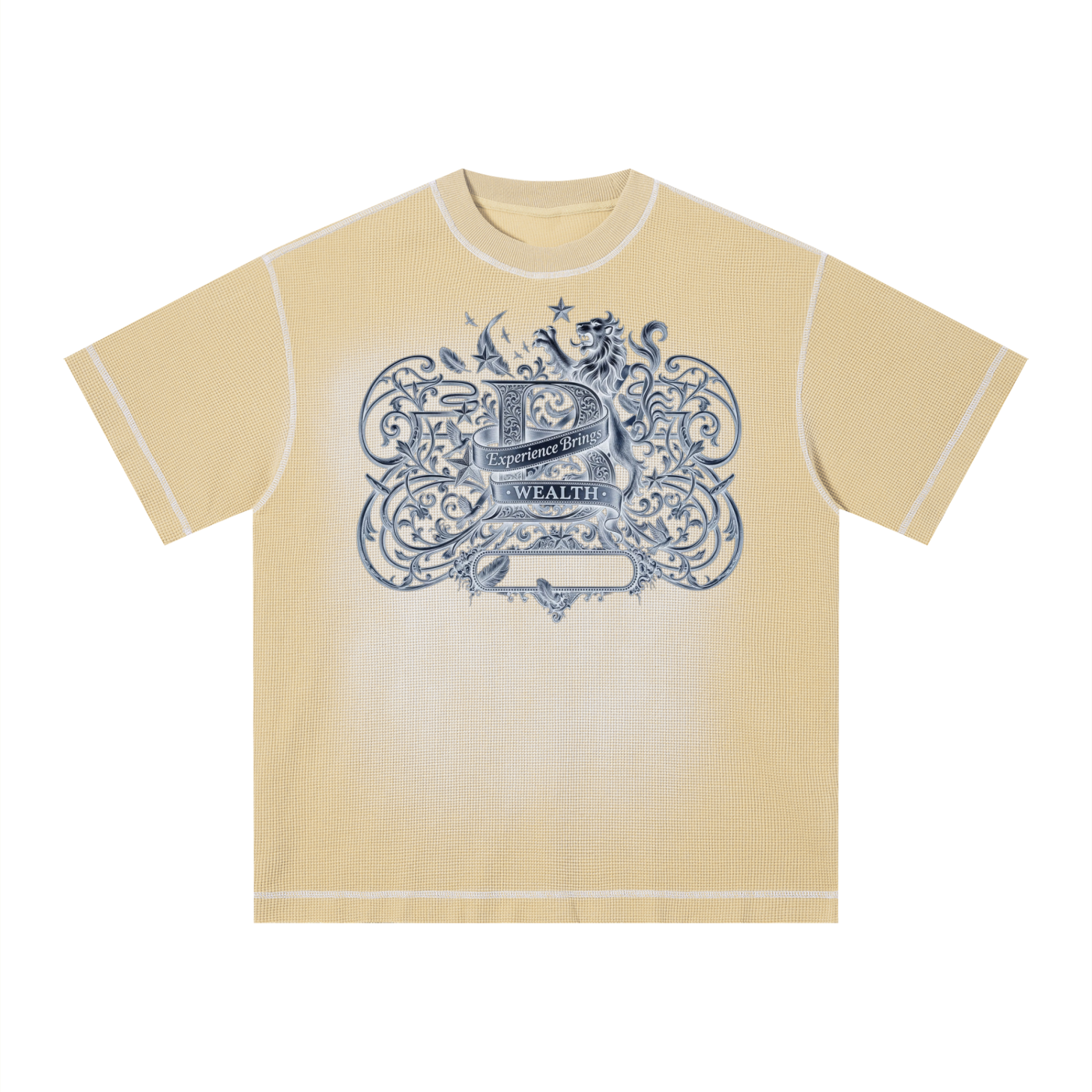 Bomura "Experience Brings Wealth" Lion Crest Contrast Stitch Sunfade Waffle Tee
