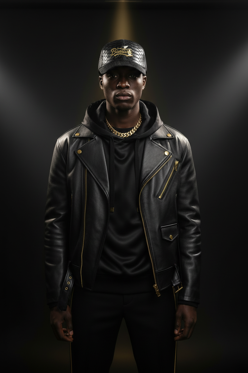 Bomura Collection '26 — Black Genuine Python Leather Embossed Baseball Cap