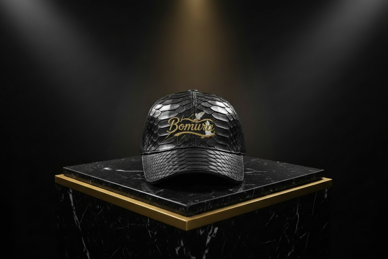Bomura Collection '26 — Black Genuine Python Leather Embossed Baseball Cap