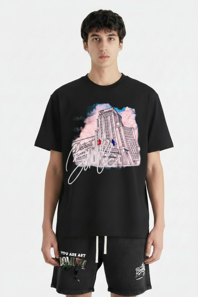Model in Bomura Cambria Luxe Detroit Tee & Faded Bomura Shorts