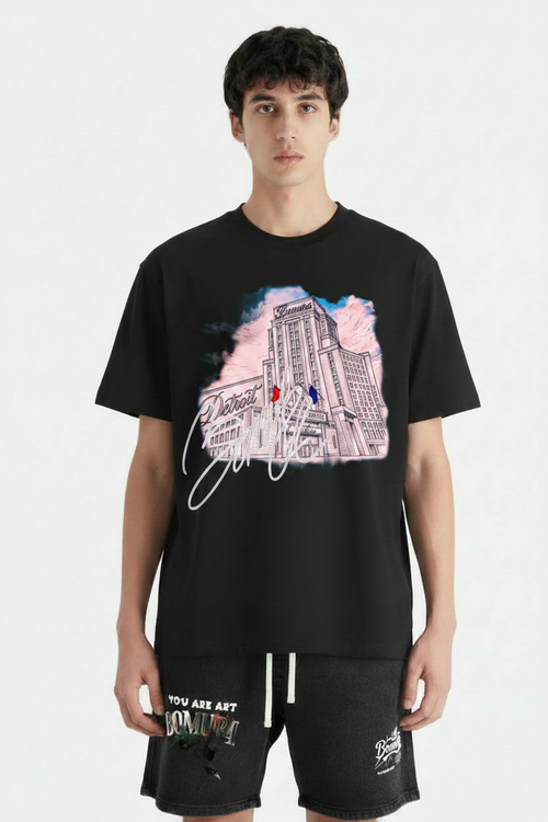 Model in Bomura Cambria Luxe Detroit Tee & Faded Bomura Shorts