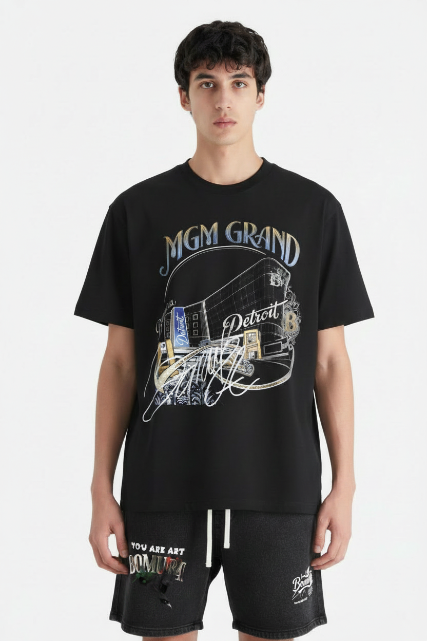 Model in MGM Grand Tee & Faded Bomura Shorts