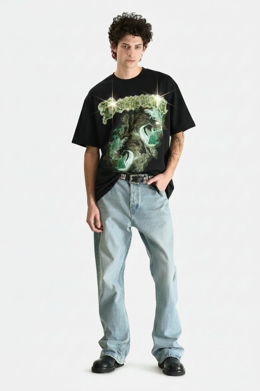 Model wearing Jade Predator Tee with sparkling rhinestones