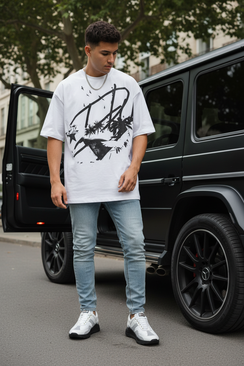 Model with Bomura Firma del Stelle Cadenti Tee and LSB LT RACER Sneakers