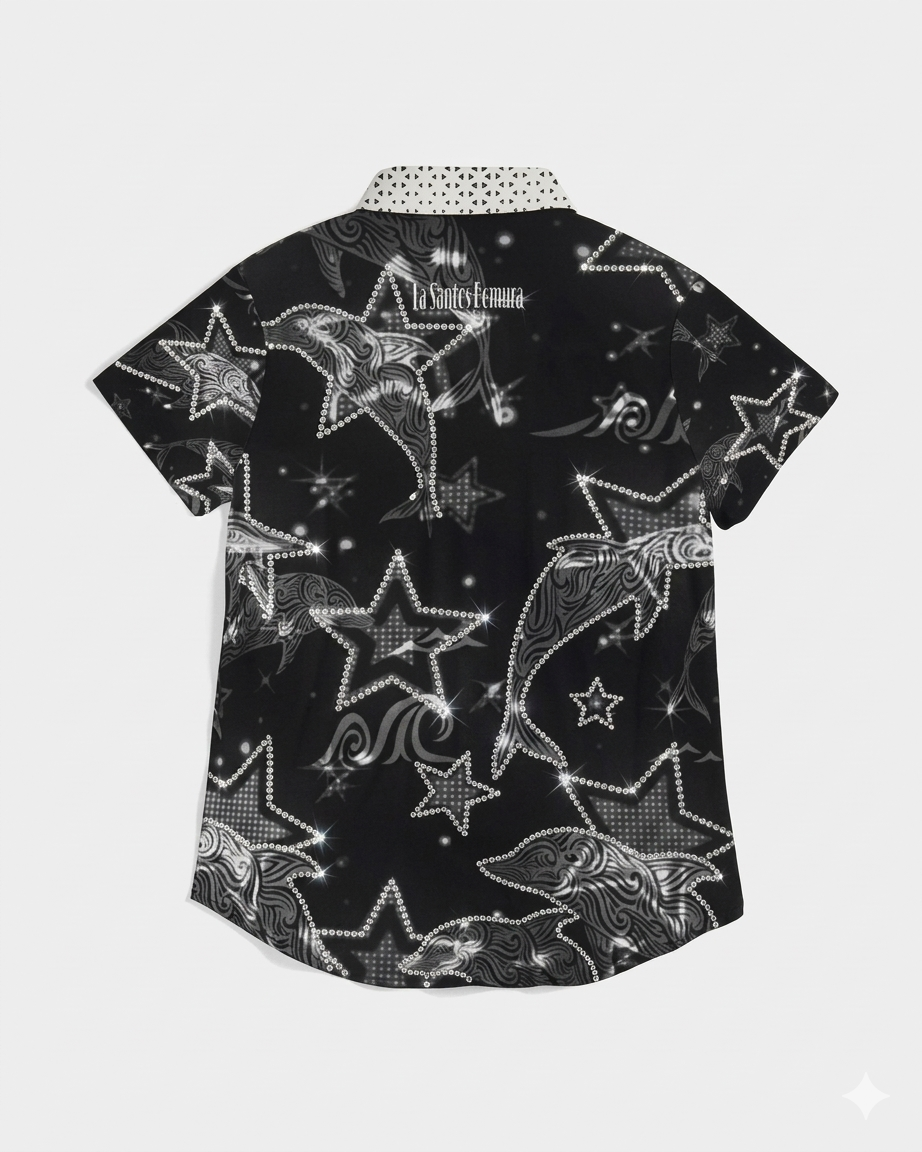 Bomura Lion Emblem Crystal Star Studded Button-Up Shirt