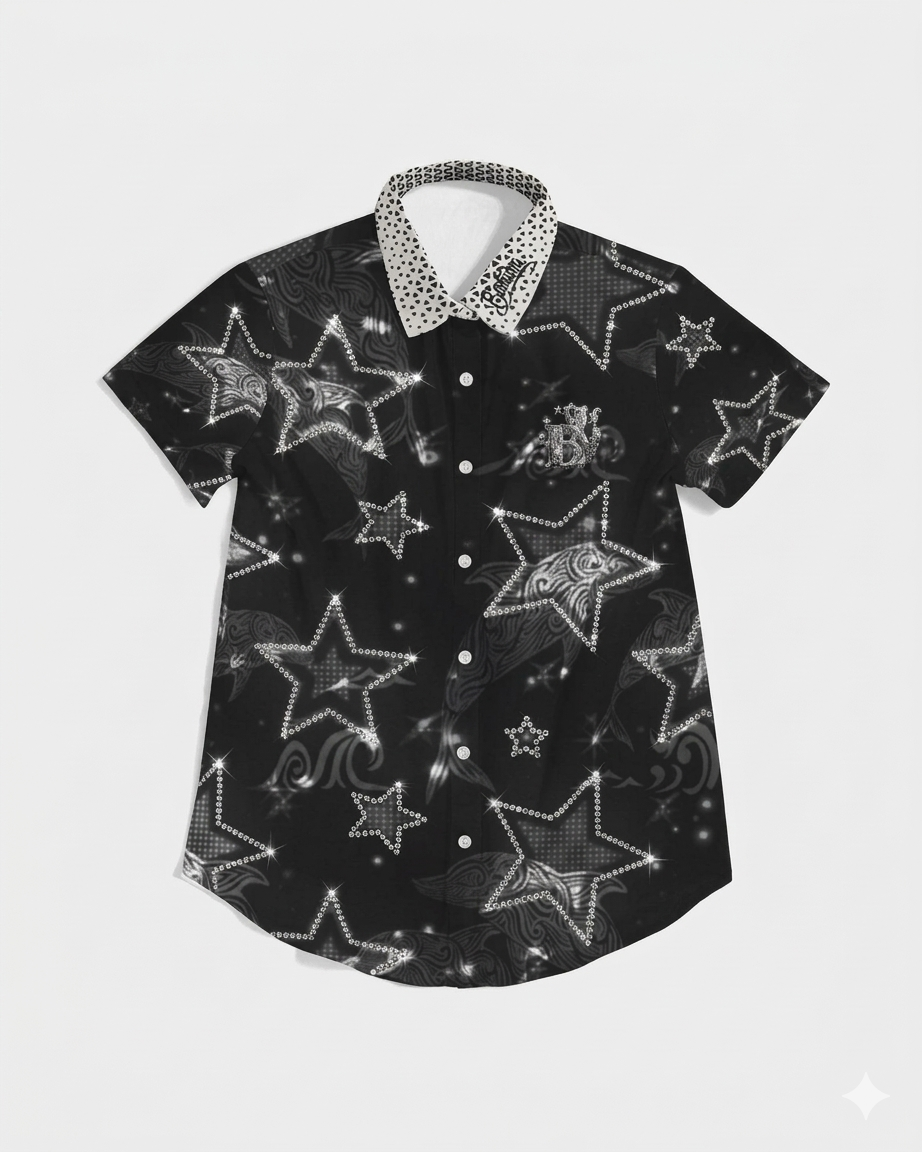Bomura Lion Emblem Crystal Star Studded Button-Up Shirt