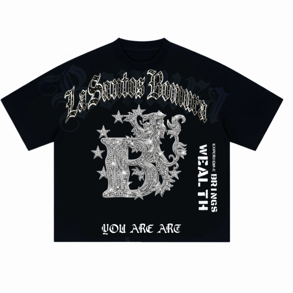 LaSantos Bomura Monogram "Experience Brings Wealth" Crystal Crest Tee
