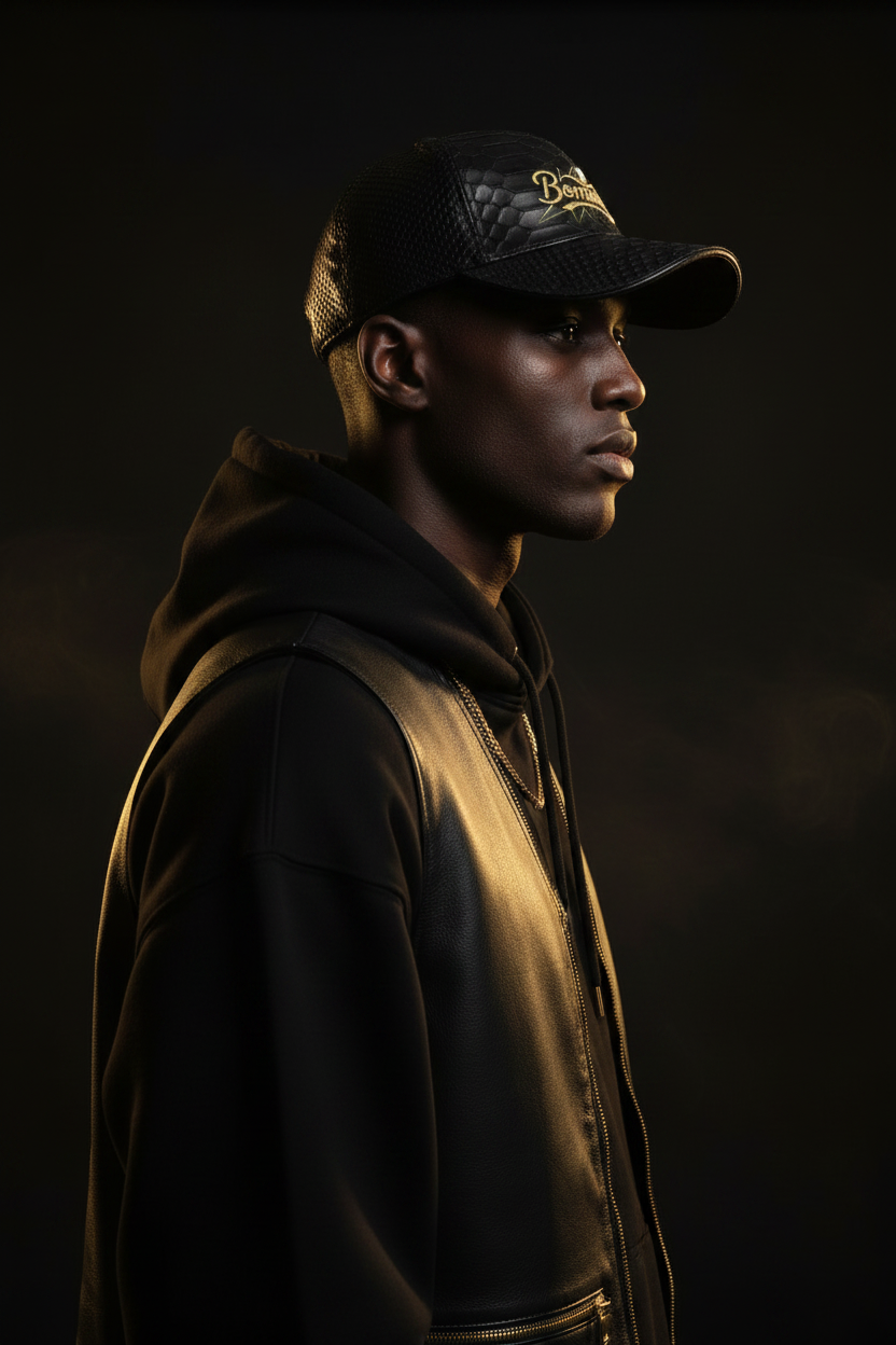 Bomura Collection '26 — Black Genuine Python Leather Embossed Baseball Cap