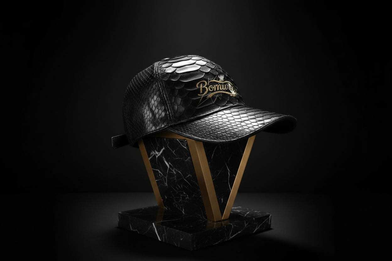 Bomura Collection '26 — Black Genuine Python Leather Embossed Baseball Cap