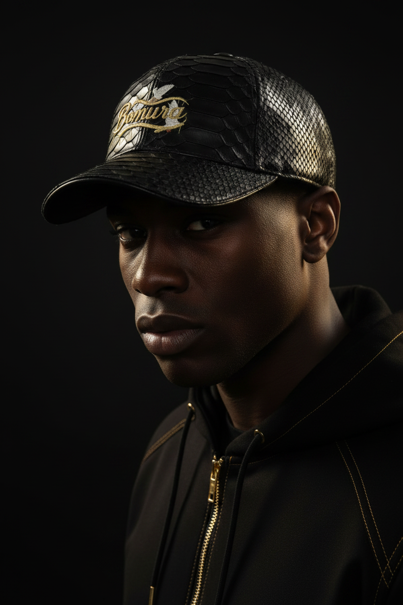 Bomura Collection '26 — Black Genuine Python Leather Embossed Baseball Cap
