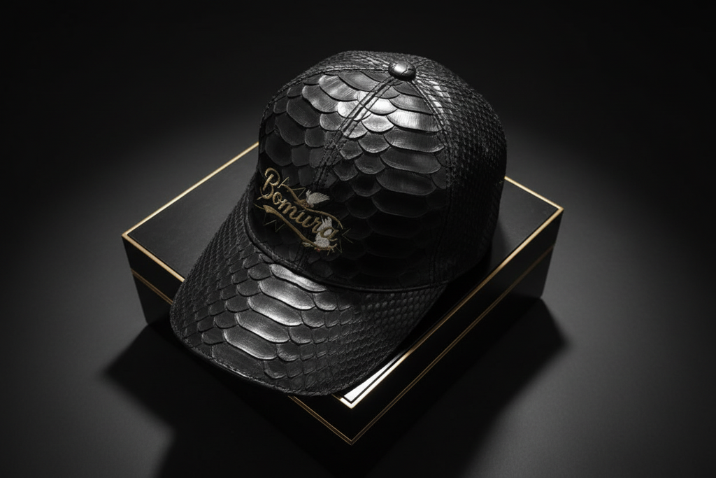 Bomura Collection '26 — Black Genuine Python Leather Embossed Baseball Cap