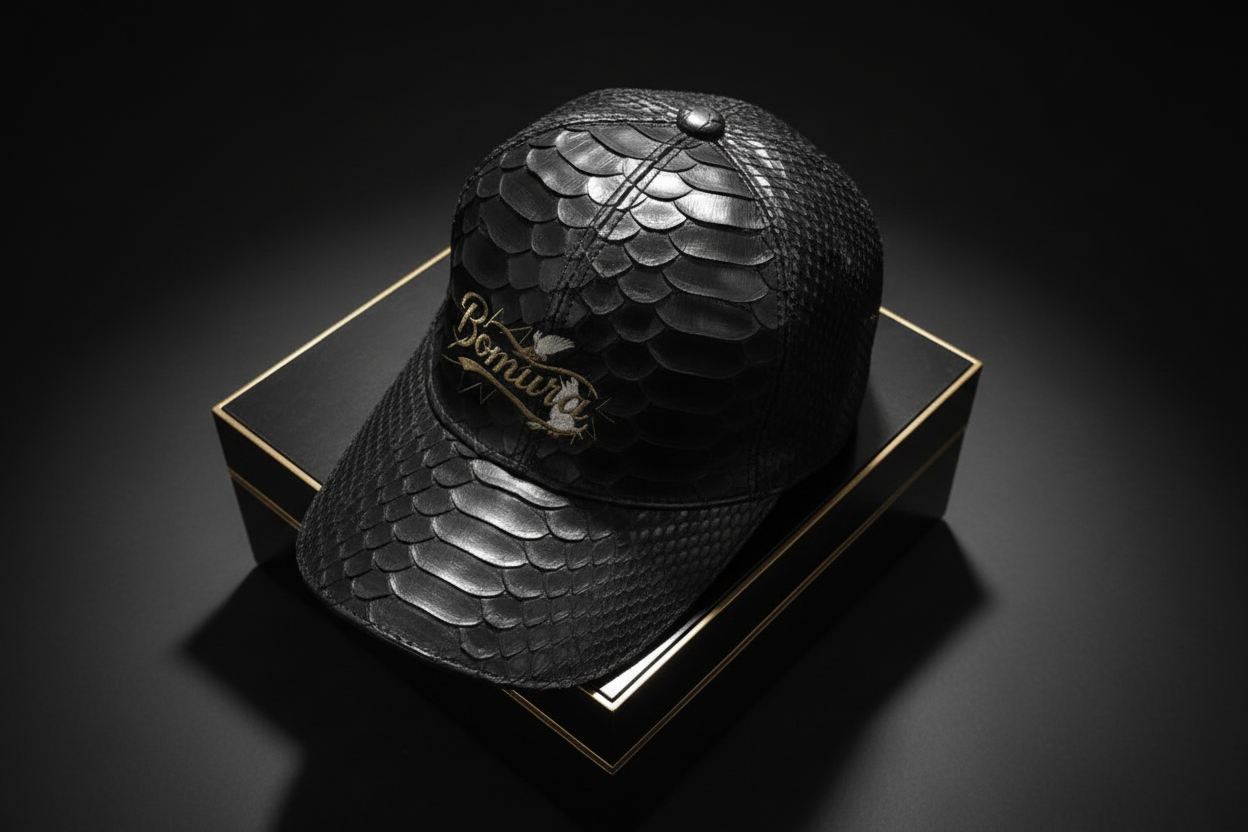 Bomura Collection '26 — Black Genuine Python Leather Embossed Baseball Cap